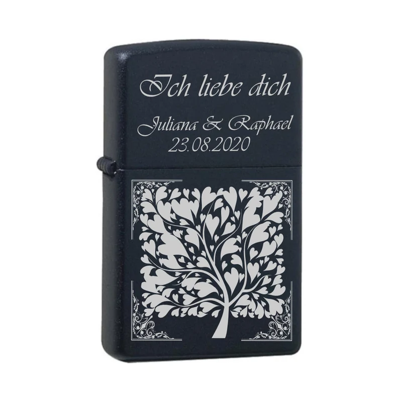 Ich liebe dich mit zwei Namen und Datum mit Herzbaum Black Matte mit Chrome-Kern Original Zippo graviert