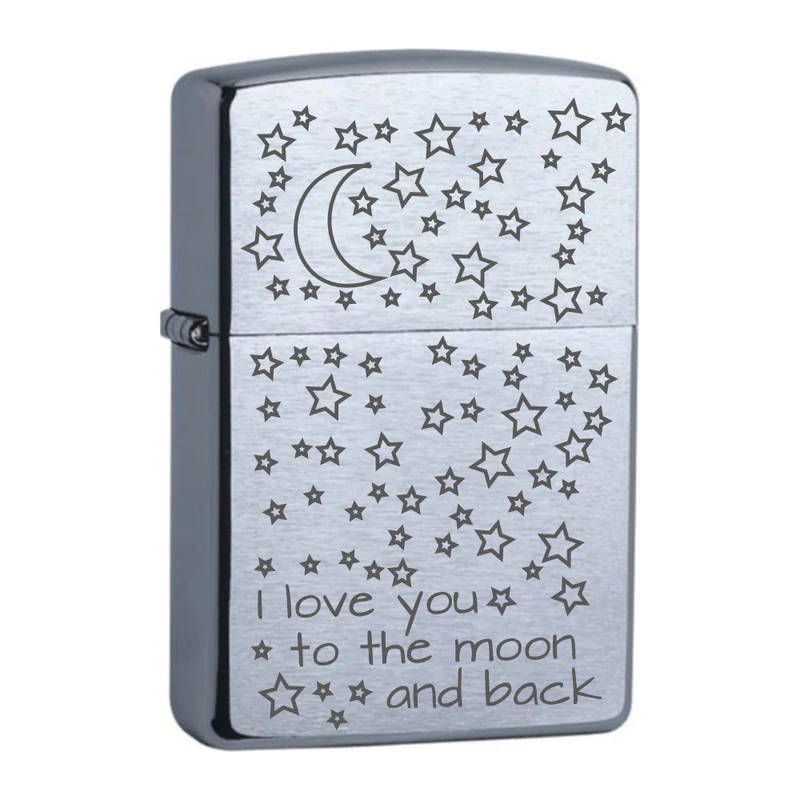 I love you to the moon and back mit Mond und Sterne Kontur Chrome Brushed Original Zippo graviert