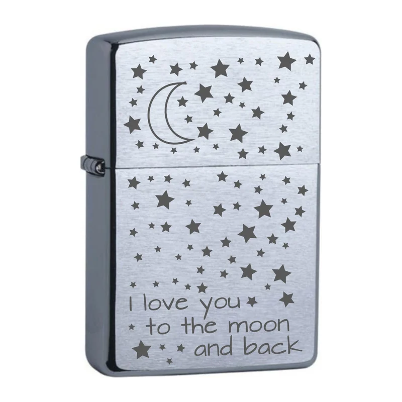I love you to the moon and back mit Mond und Sterne Chrome Brushed Original Zippo graviert